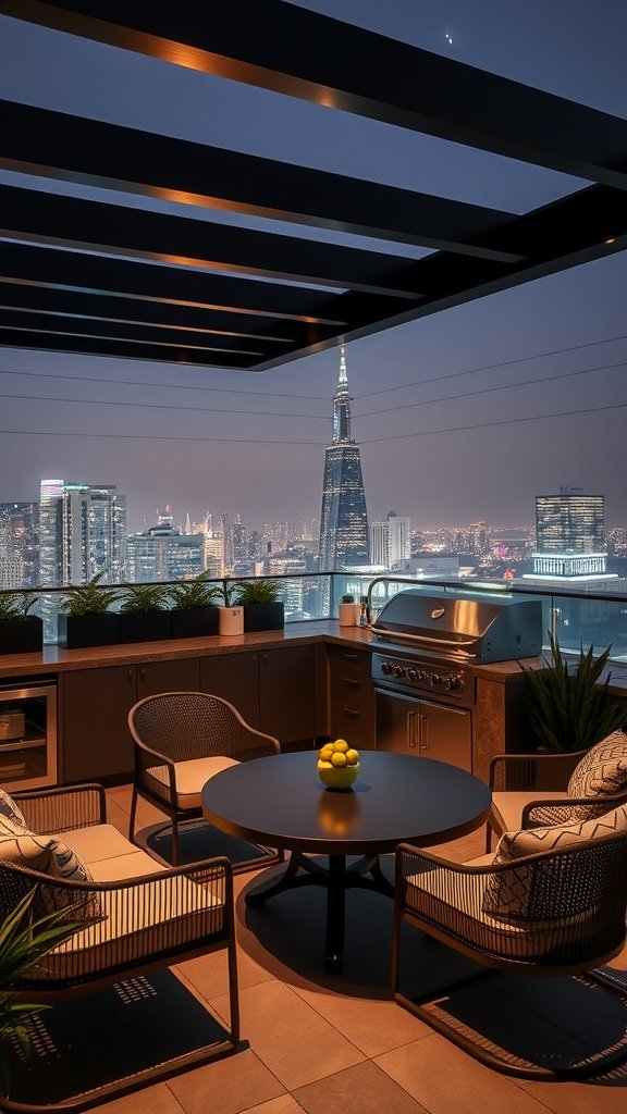 A stylish outdoor kitchen with a barbecue station and city skyline view at night.