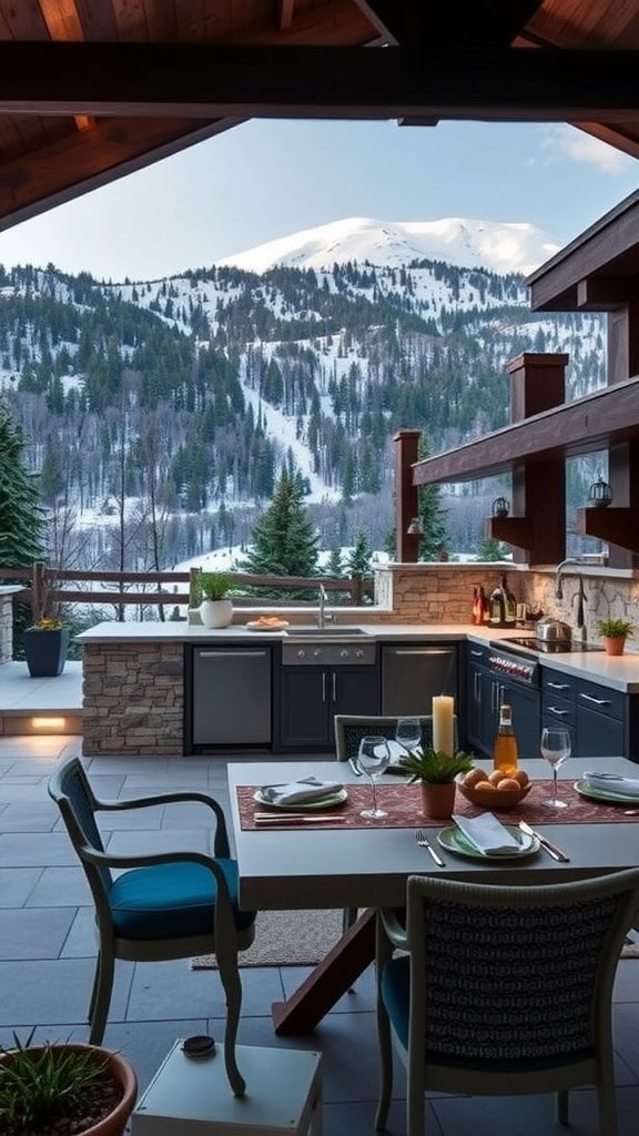 An outdoor kitchen with a dining area overlooking snowy mountains.