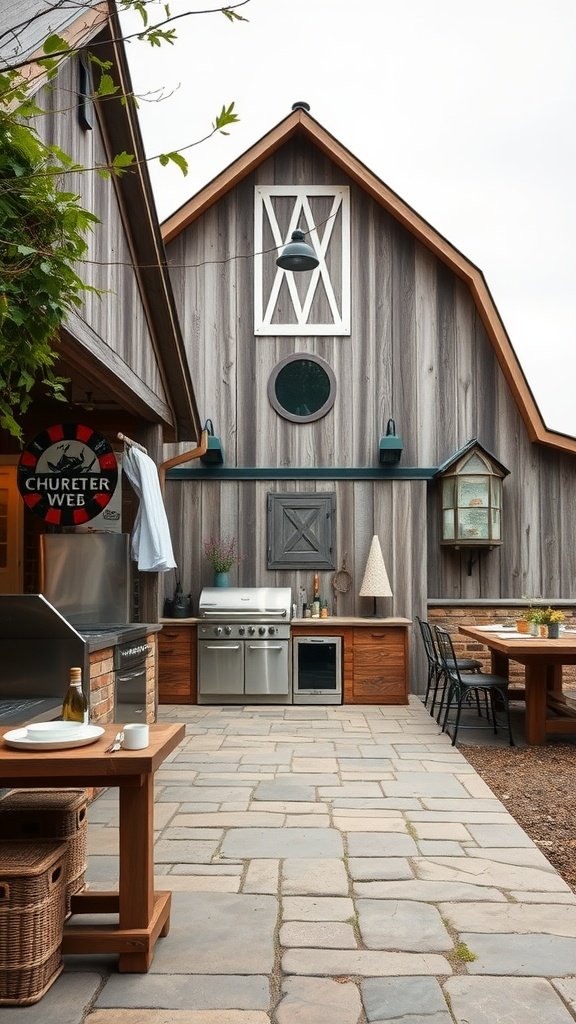A rustic outdoor kitchen with modern appliances, wooden accents, and a dining area.
