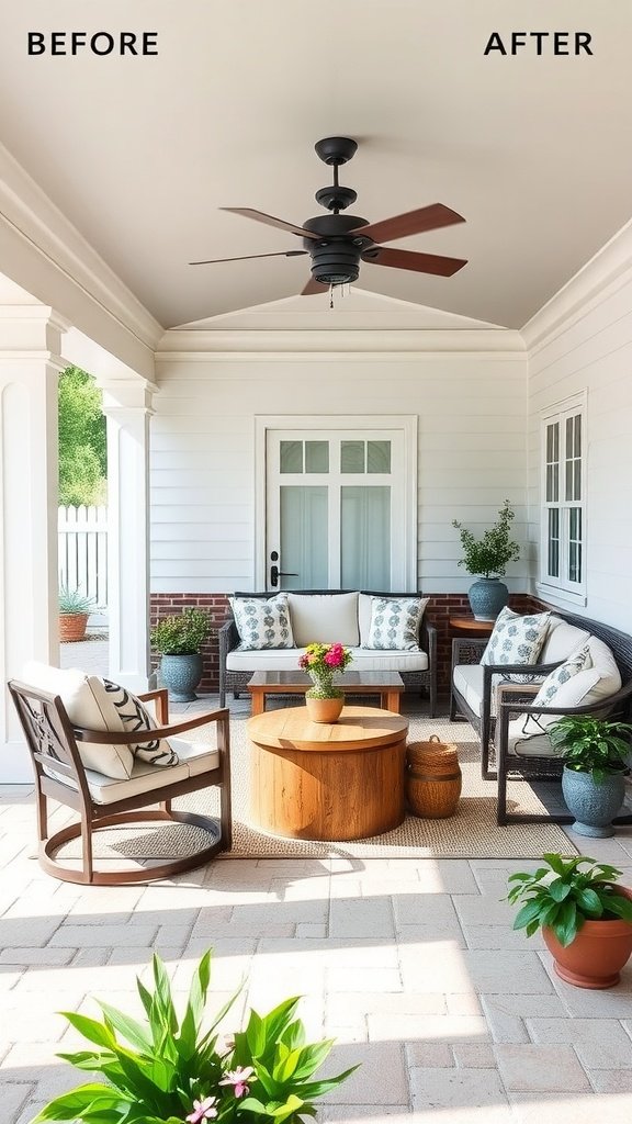 Before and after images of an outdoor living space renovation, showcasing cozy seating and plants.