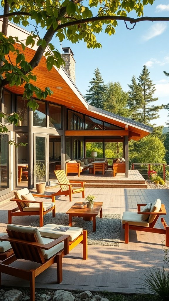 Outdoor living space of a mid-century modern cabin with wooden furniture and lush greenery