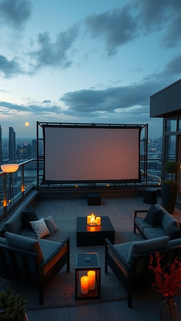 A terrace featuring an outdoor movie screen with cozy seating arrangements and candlelight, overlooking a city skyline at dusk.