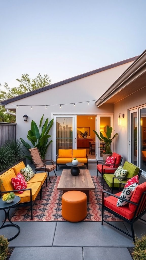 A vibrant outdoor patio featuring colorful furniture and plants
