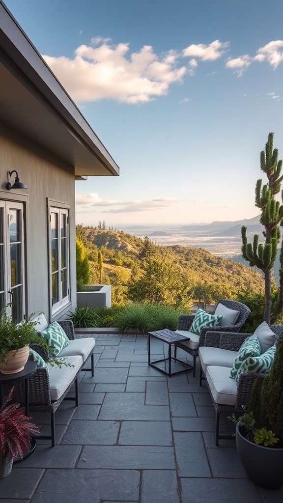 Cozy outdoor patio with seating and a view overlooking a hillside landscape