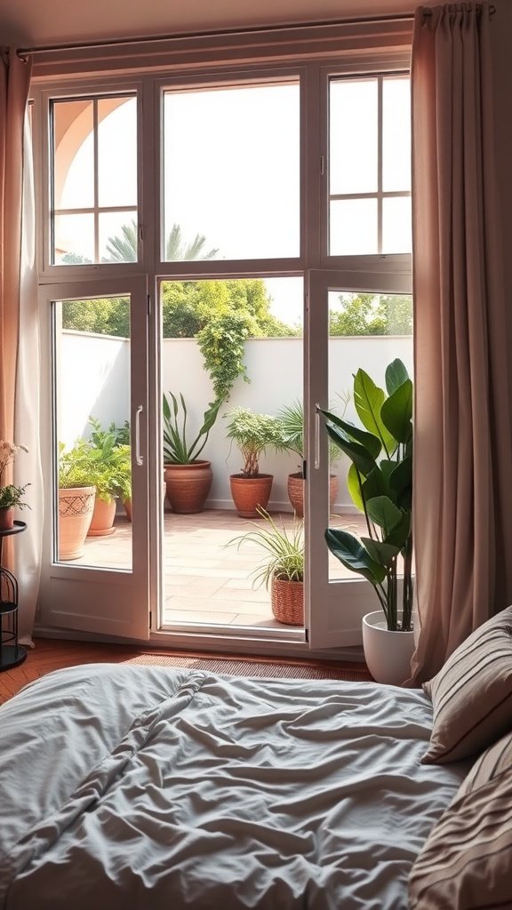 A cozy bedroom with large windows leading to an outdoor patio, featuring potted plants and soft curtains.
