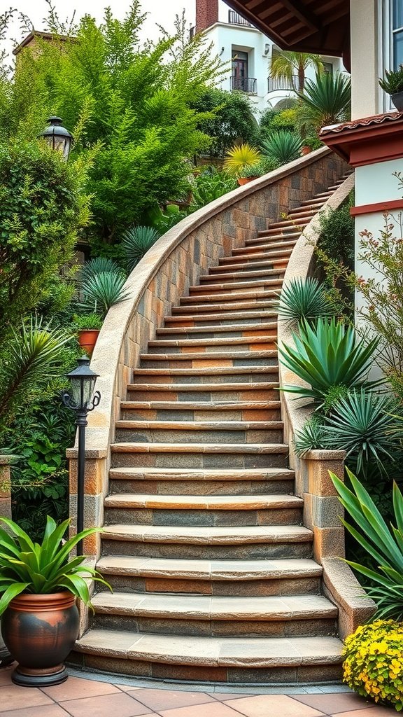 Outdoor stone staircase surrounded by lush gardens and plants