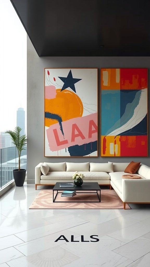 A modern living room featuring two large art pieces, a white sofa, and a coffee table