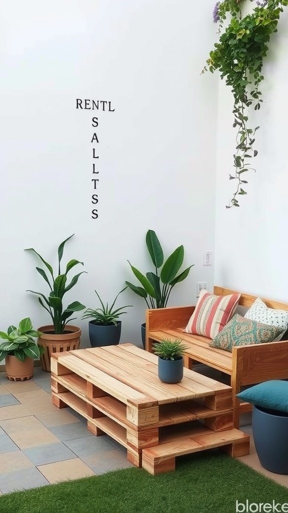 A cozy outdoor seating area with a wooden pallet coffee table, a wooden sofa with colorful cushions, and various green plants.