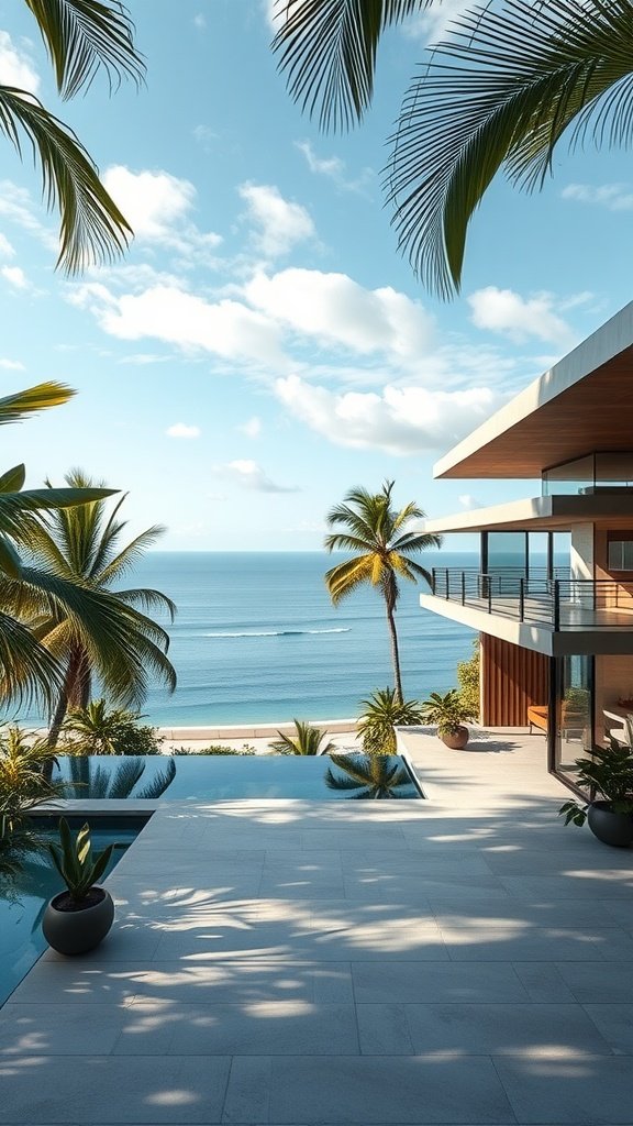 A modern tropical house featuring large panoramic windows and glass walls, overlooking a serene ocean view.