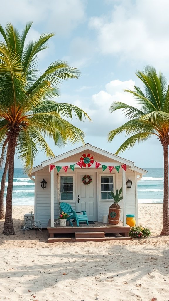 A cozy beach hut surrounded by palm trees and sandy beach