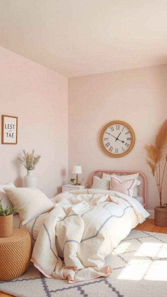 A cozy guest bedroom featuring pastel pink walls, soft bedding, and natural decor elements.