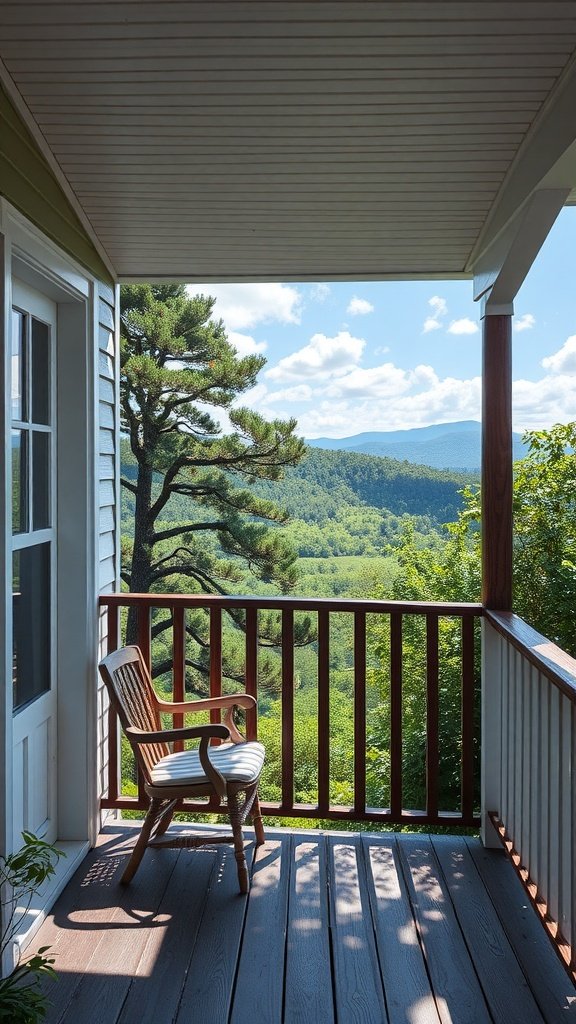 A peaceful balcony with a wooden chair overlooking a lush green valley and distant mountains.
