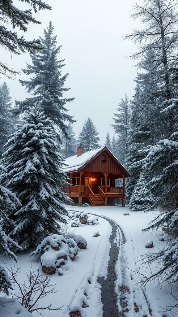 A cozy cabin in the Allegheny Mountains surrounded by snow-covered trees and a winding path.