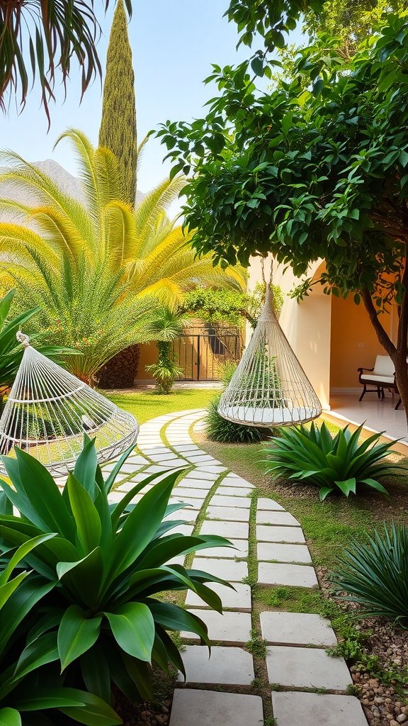 A peaceful garden with hammocks surrounded by tropical plants and a winding pathway.