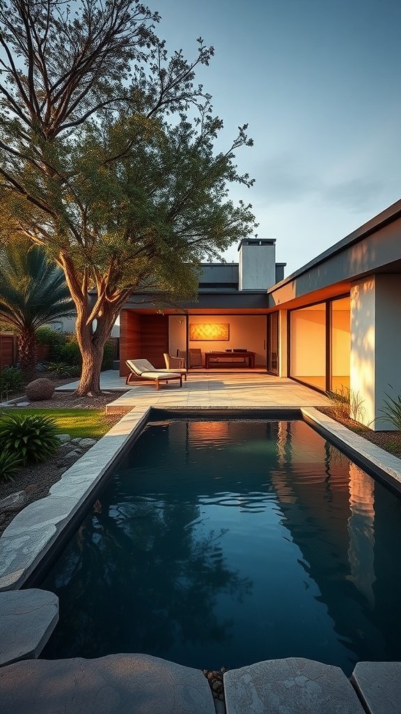 A modern house with a natural stone pool surrounded by lush greenery, showcasing a serene evening setting.