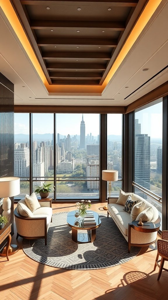 Luxurious penthouse living room with view of Central Park and skyline, featuring modern furniture and warm lighting.
