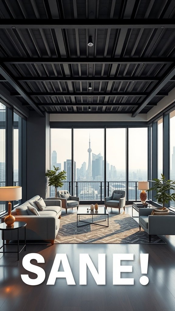 Luxurious penthouse living space with large windows and city skyline views.