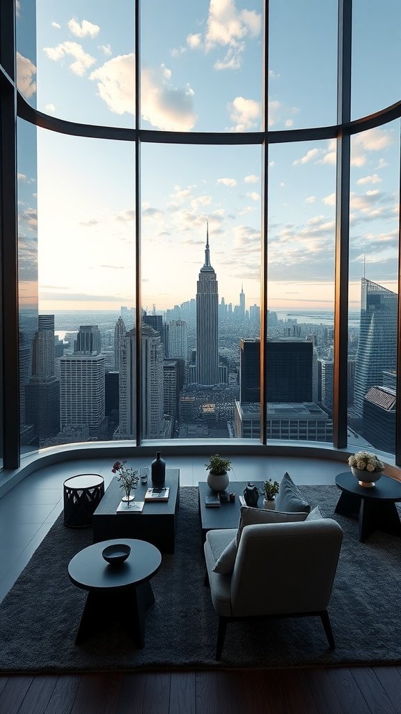 Luxurious penthouse interior with floor-to-ceiling windows showcasing a view of the New York City skyline, including the Empire State Building.