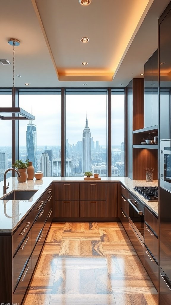 Modern penthouse kitchen with skyline views featuring wooden cabinetry and large windows