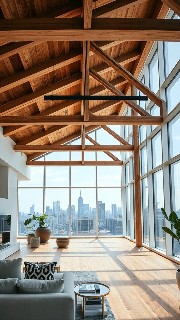 Interior view of a penthouse featuring wooden beams, large windows, and a view of the NYC skyline.