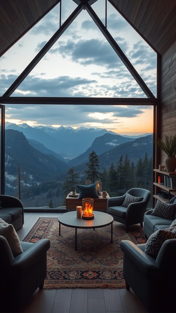 A cozy living room in a mountain home with large windows showcasing scenic mountain views and a warm fire.