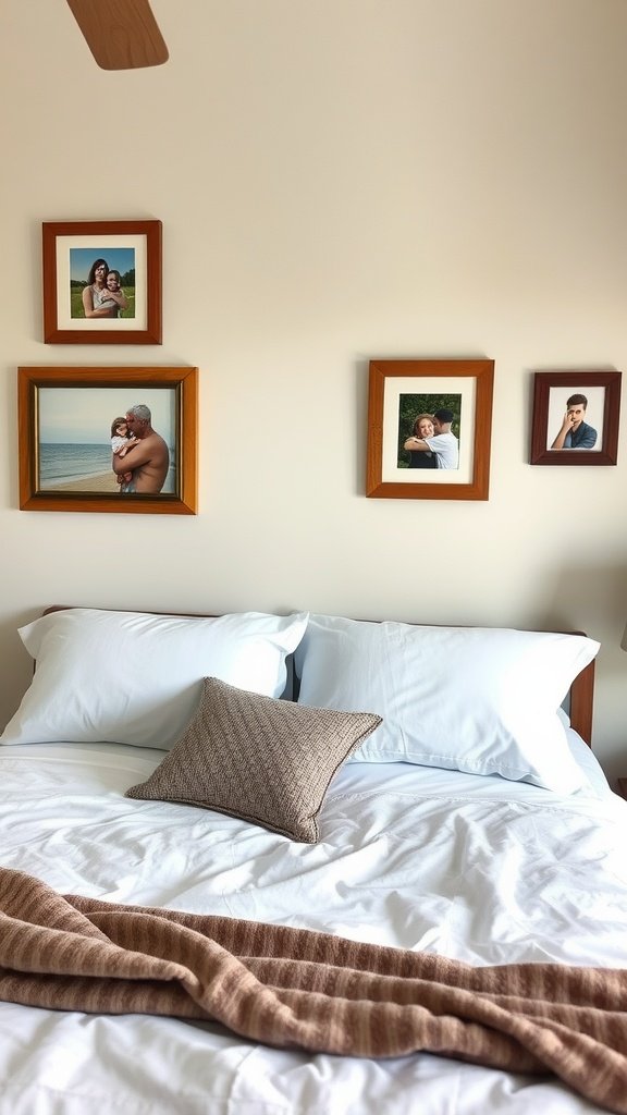 A cozy farmhouse guest bedroom with family photos on the wall and a neatly made bed