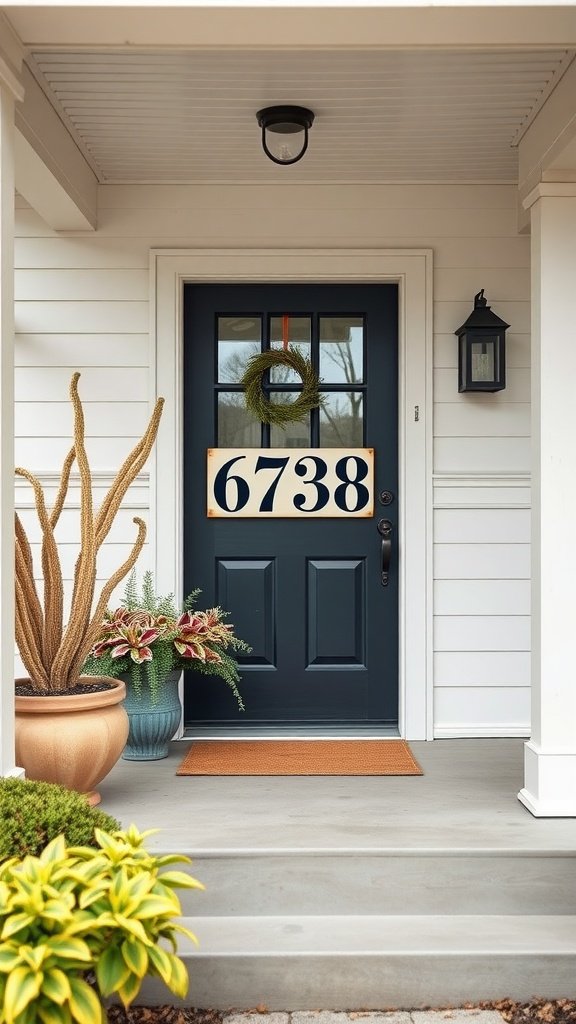 A black door with a large address sign, a wreath, and decorative plants on a farmhouse porch.