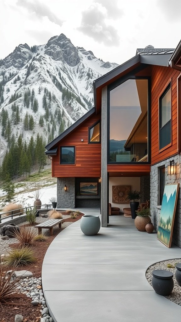 Modern mountain home with large windows showcasing art and surrounded by mountains.