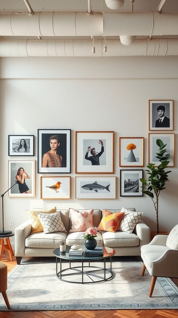 A modern living room featuring a gallery wall with various framed artworks and photographs.