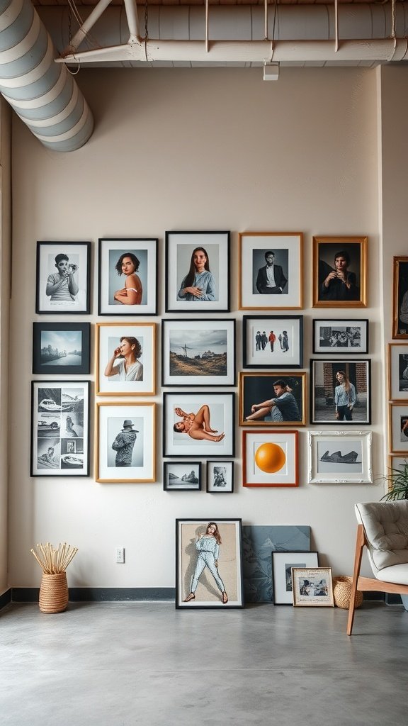A wall displaying a variety of framed photographs and art pieces in a modern loft setting.