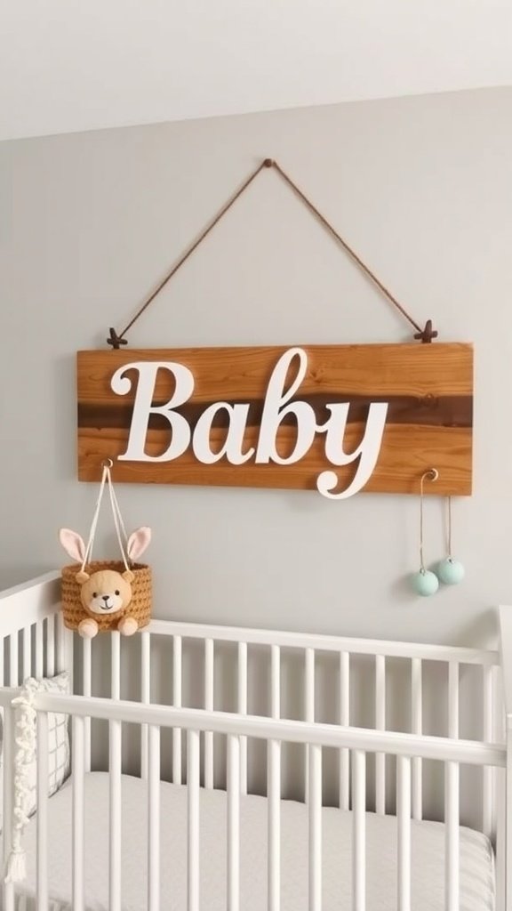 A cozy nursery featuring a wooden sign that says 'Baby' above a crib with decorative elements.