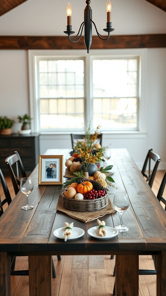 A farmhouse dining table decorated with a family photo, seasonal fruits, and elegant table settings.