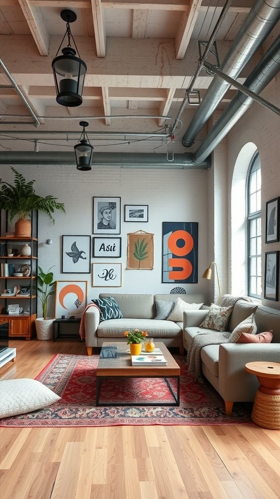 Stylish living area in a modern loft with personalized decor, including art pieces, plants, and cozy furnishings.
