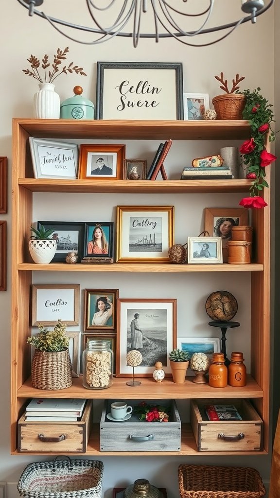 A wooden shelf displaying a collection of photos and decorative items, creating a personalized keepsake display.