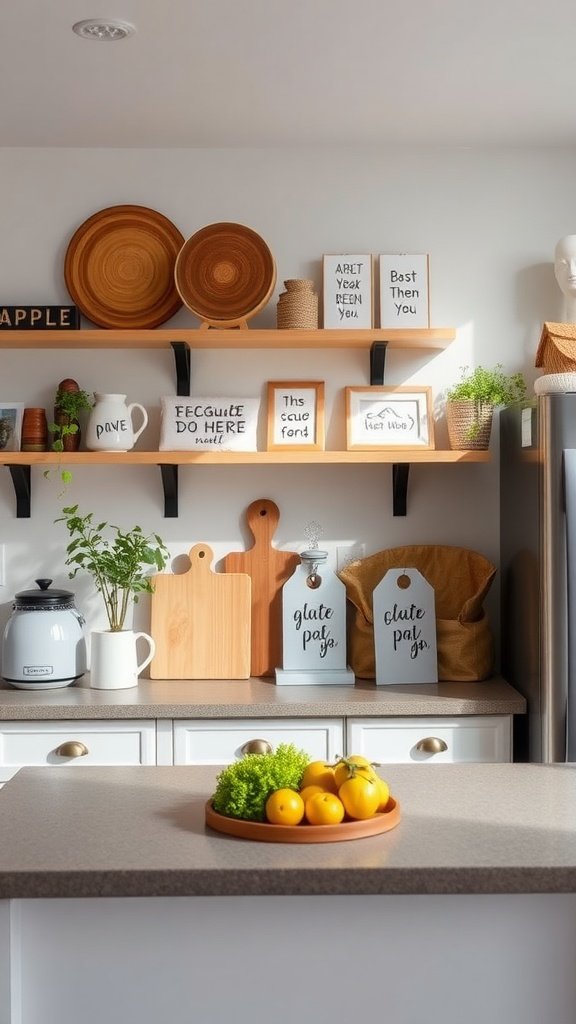 A modern loft kitchen with wooden plates, cutting boards, and decorative signs, showcasing personalized accessories.