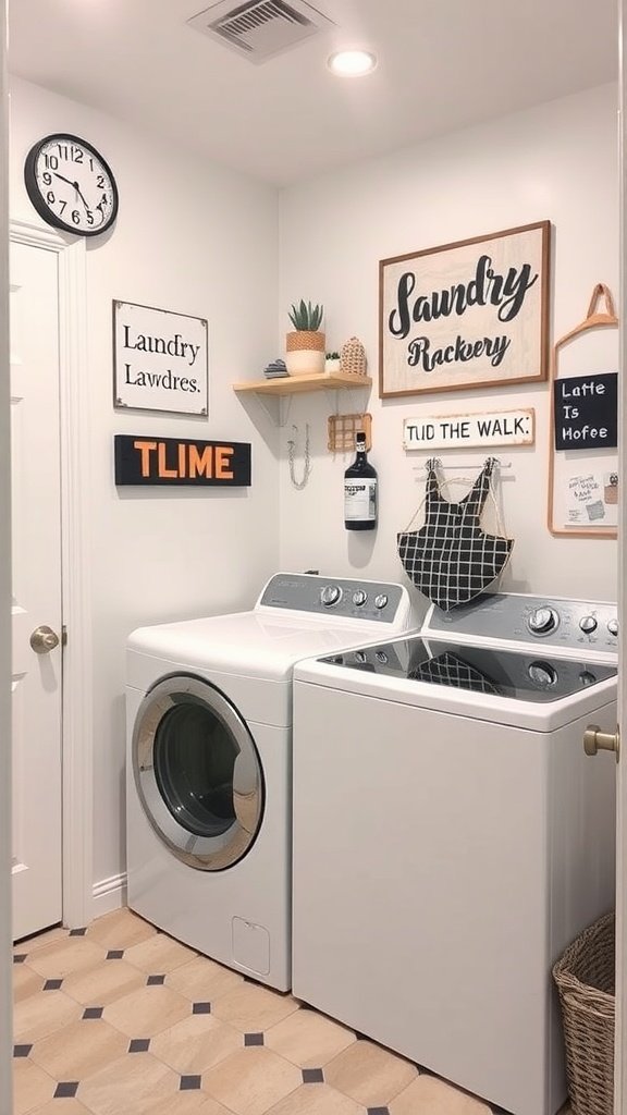 Personalized laundry room signage featuring playful phrases and decorative elements.