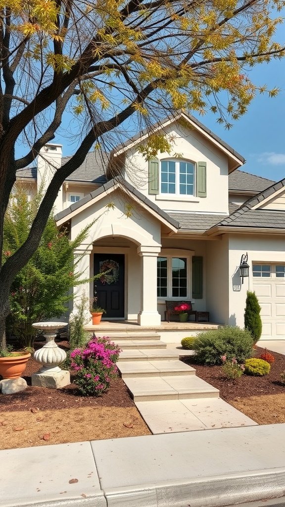 A charming precast concrete house facade with a black front door, green shutters, and colorful flowers in the garden.