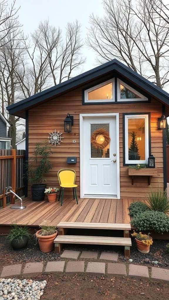 A cozy tiny house with a wooden exterior, yellow chair, and decorative plants on the porch.