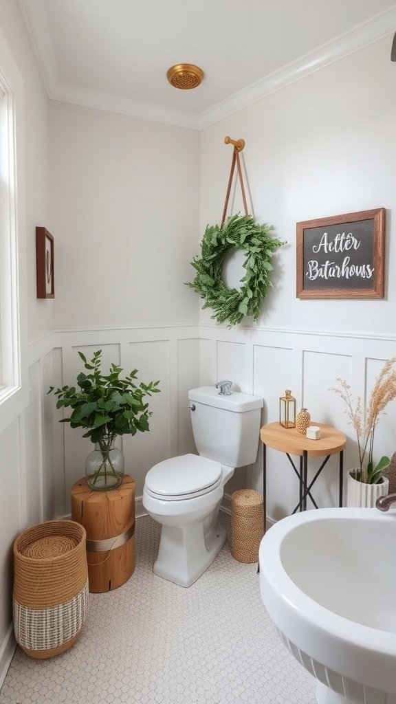 A stylish farmhouse bathroom featuring wooden accents, plants, and personalized decor.