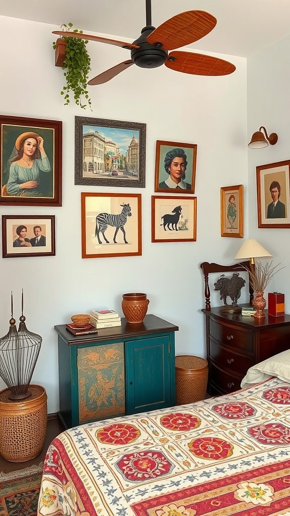A cozy bedroom featuring local art on the walls, including portraits and a landscape, with a teal cabinet and woven baskets.