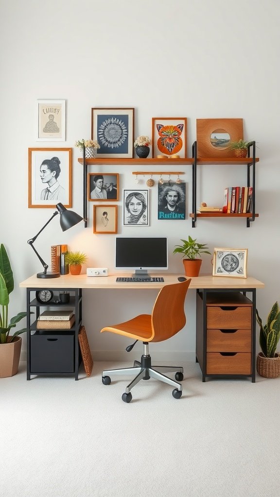A stylish home office space with a desk, artwork on the wall, plants, and modern design elements.
