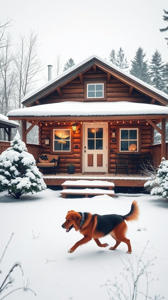 A pet-friendly log cabin surrounded by snow with a dog playing in front.