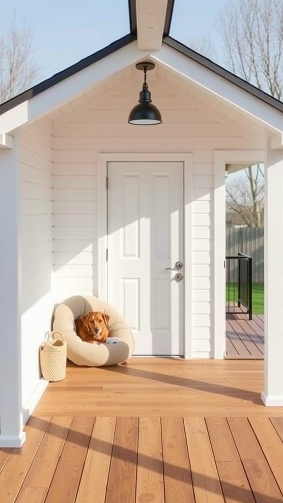 A cozy entryway of a modern cottage with a dog relaxing in a bed.