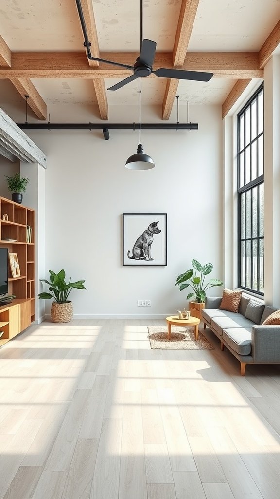 A modern loft apartment with a cozy seating area, plants, and a fan, featuring a dog illustration on the wall.