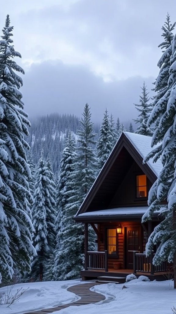 A cozy cabin surrounded by snow-covered trees in the Sierra Nevada