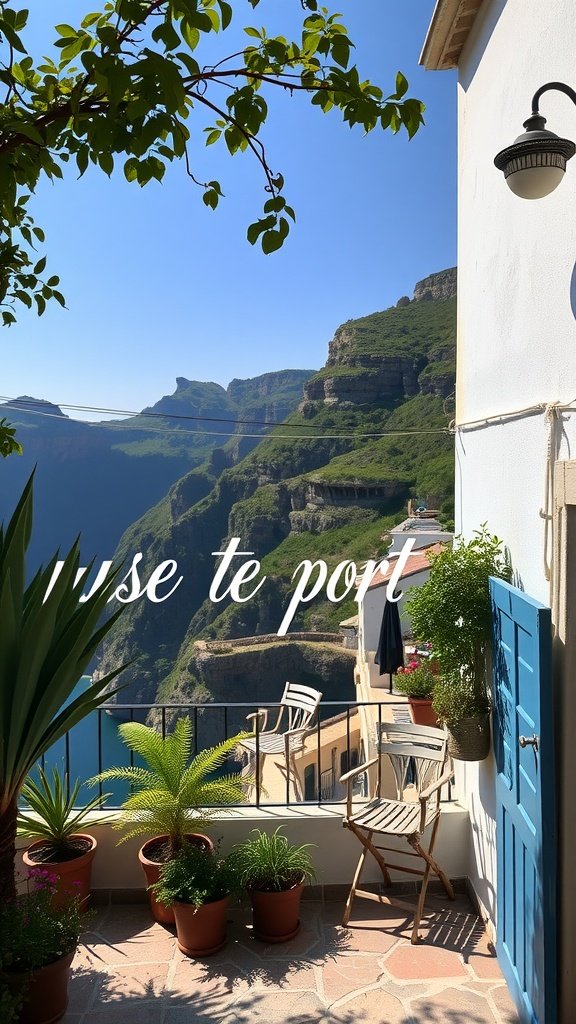 A picturesque cottage in Ronda with a bright blue door, surrounded by greenery and offering stunning mountain views.