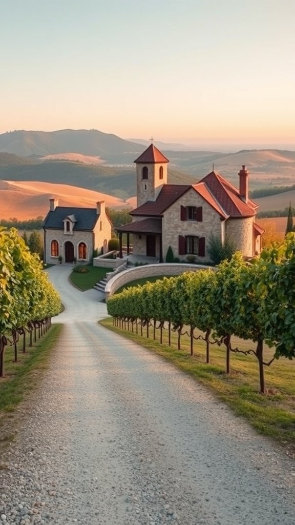A charming stone vineyard estate surrounded by lush grapevines and rolling hills.
