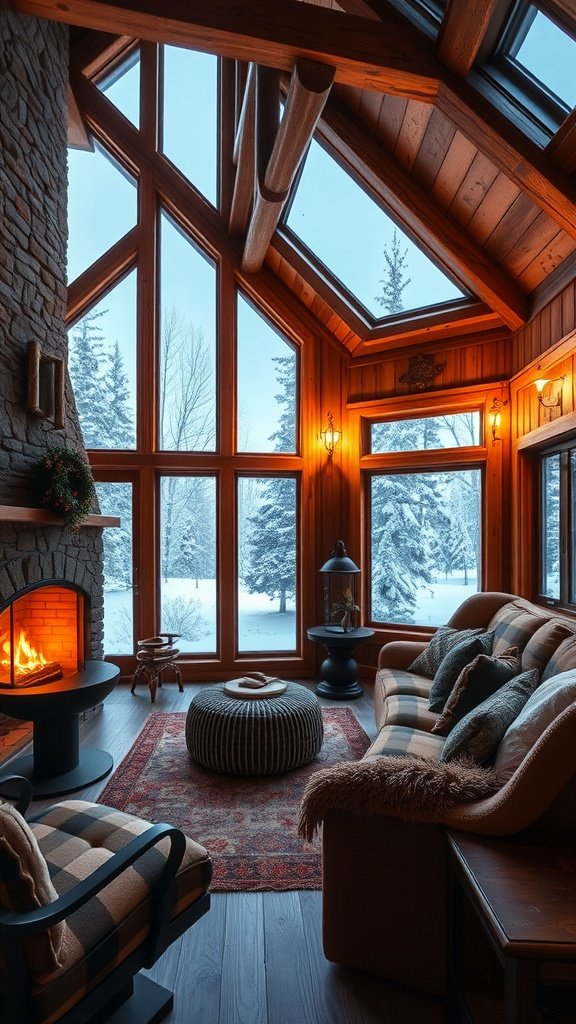 Cozy cabin interior featuring large windows, plaid furniture, and a warm fireplace.