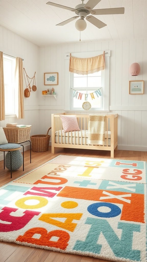 A cozy farmhouse nursery featuring a colorful lettered area rug, wooden crib, and soft furnishings.