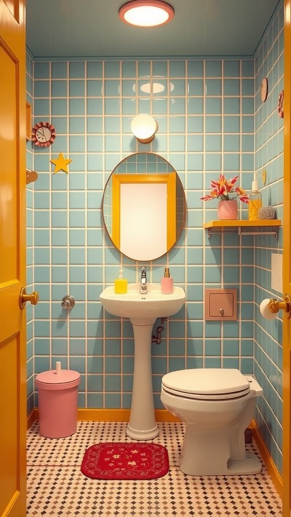 A playful bathroom featuring blue tiled walls, yellow accents, and colorful accessories.
